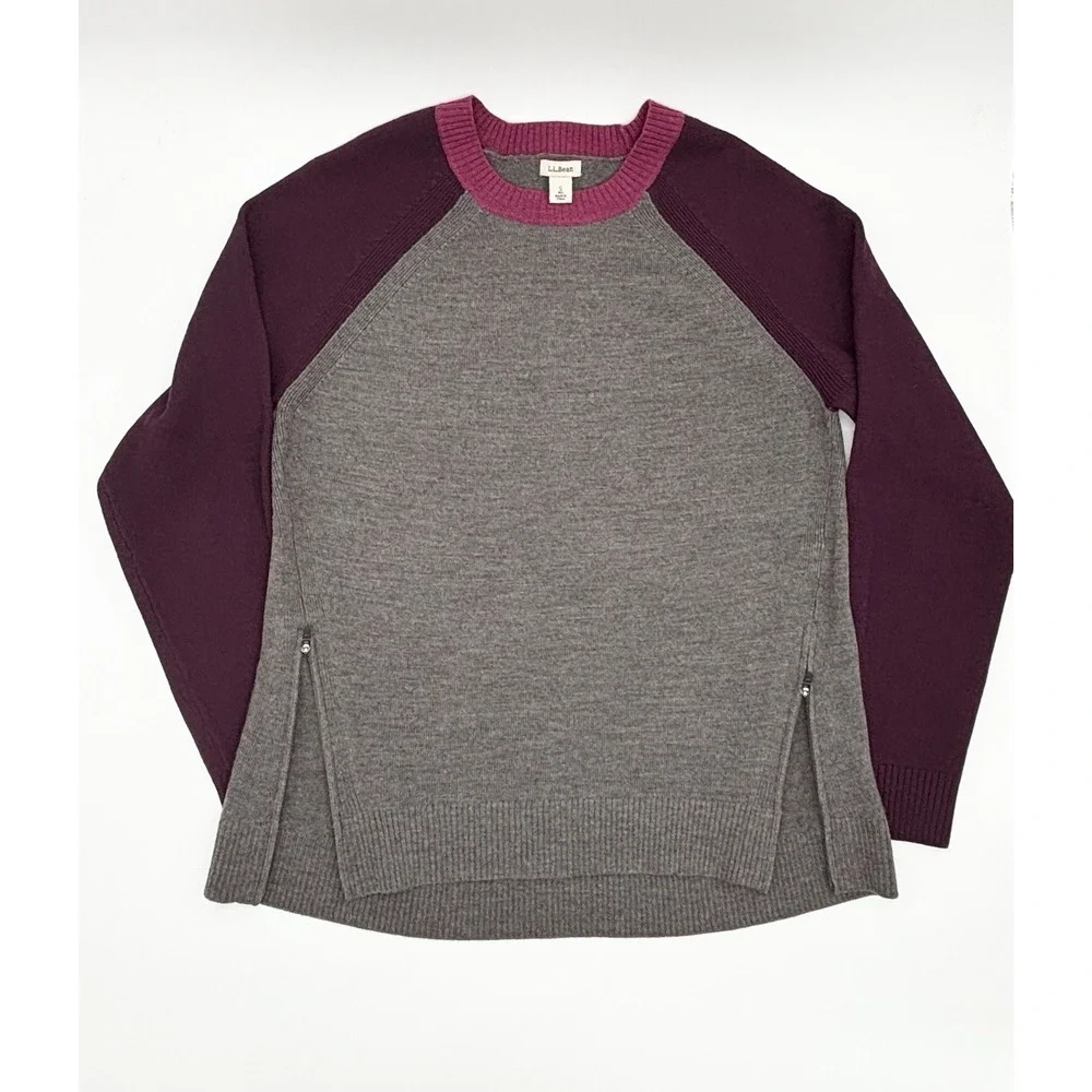 L.L. Bean Gray Purple Merino Wool Crewneck Sweater With Zippers Small